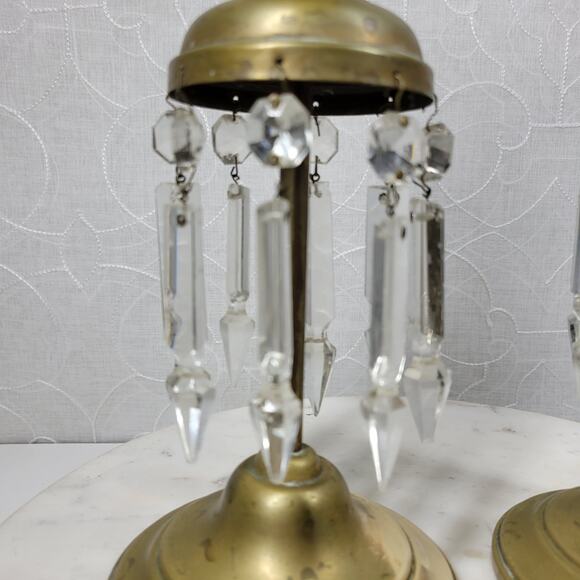 Antique Brass Girandole Candlesticks 11" Gold 8 Clear Hanging Crystals Set of 2 - Picture 13 of 16